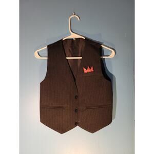 Kids Formal Vest Black With White Pin Stripes Mock Pockets & Handkerchief Size 8